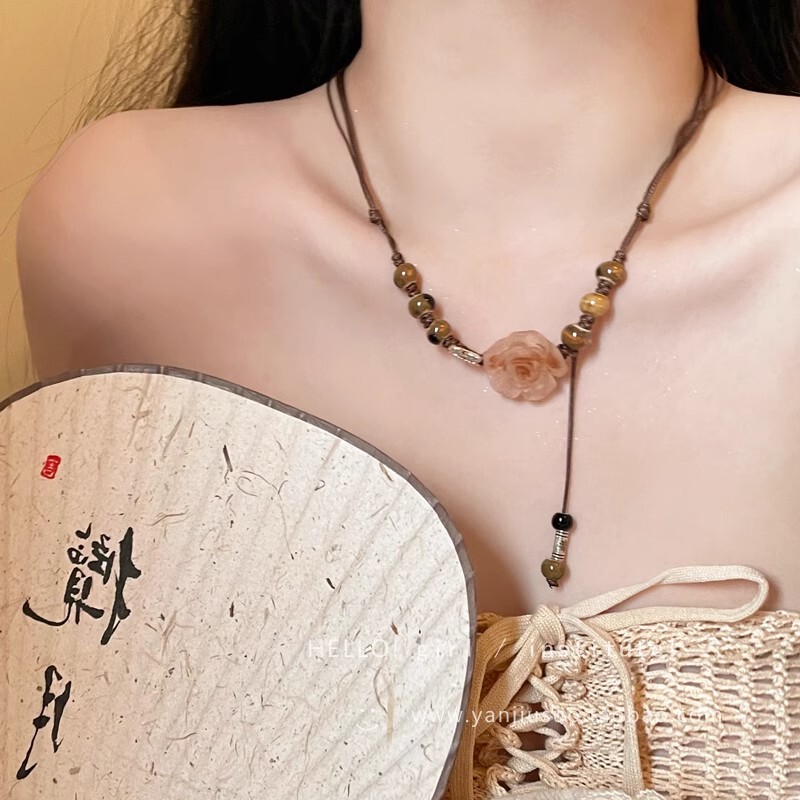 复古民族风陶瓷玫瑰花项链女新中式国风配饰轻奢高级感长款锁骨链|undefined