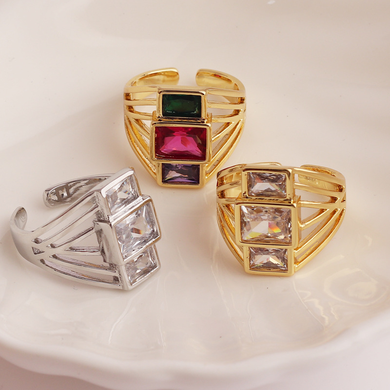 Fashion Square Copper Inlay Zircon Open Ring 1 Piece