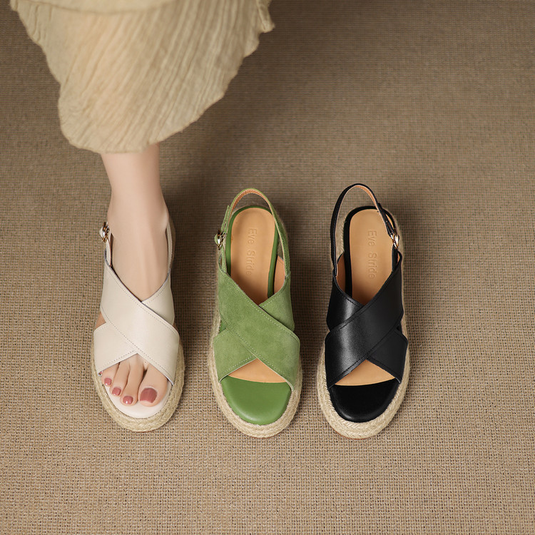 Comfortable straw leather casual sandals platform wedge heel open…