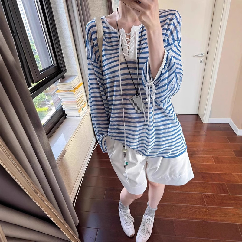 Lazy Style Blue Stripesd Lace-Up Ice Silk Air-Conditioned Blouse for Women Summer Thin Sun Protection Long-Sleeved T-Shirt Top Lazy Style Blue Stripesd Lace-Up Ice Silk Air-Conditioned Blouse for Women Summer Thin Sun Protection Long-Sleeved T-Shirt Top