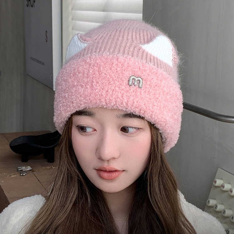 Autumn Winter For Women Sweet Cute M Cat Ear Plush Versatile Cold-Proof Pullover Outdoor Knitted Hat_voghion.com