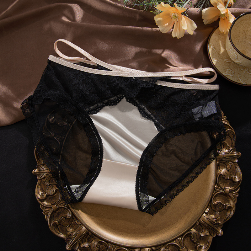 Ropa interior de malla de encaje puro francés mujer sexy banda hueca ligera de lujo doble piel agradable para la piel chica de cintura media entrepierna antibacteriana