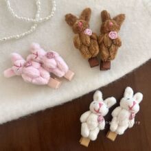 粉色毛绒发夹软妹可爱腮红小兔子奶白毛绒发夹蝴蝶结边夹刘海夹发