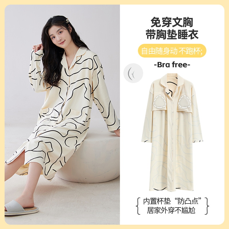 Camisa camisón Mujer con almohadilla en el pecho Primavera y otoño manga larga algodón estilo coreano cardigan otoño e invierno largo sexy ropa suelta para el hogar