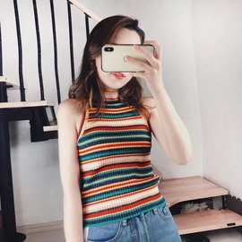 网红彩虹条纹小背心女夏短款性感欧美外穿背心女潮流甜酷无袖