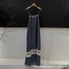 中长款苎麻连衣裙女2026夏季新款文艺复古肌理麻吊带杉长裙女