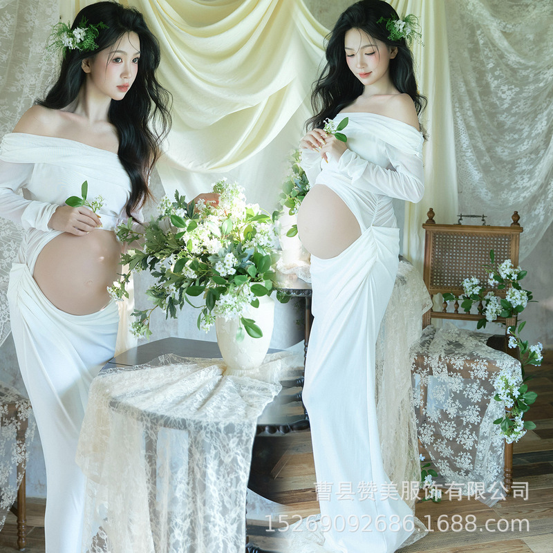 Studio Maternity Photography Clothing, French Minimalist Style White Dress, Atmospheric Photo Shoot, Maternity Photoshoot Outfit Studio Maternity Photography Clothing, French Minimalist Style White Dress, Atmospheric Photo Shoot, Maternity Photoshoot Outfit