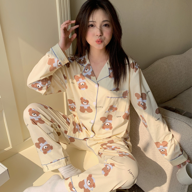 El comercio exterior de primavera y otoño pijamas algodón para las mujeres ins lindo dibujos animados solapa cardigan suelta delgada vestir prendas exteriores homewear