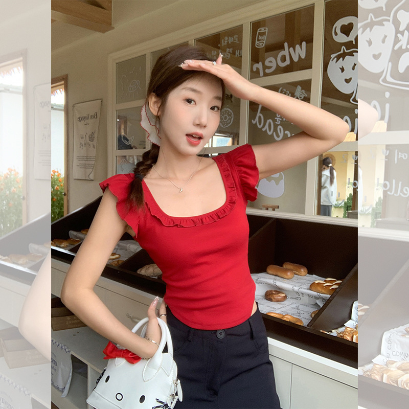 Red Right Shoulder Square Collar Lace Short-Sleeved T-Shirt for Women Summer Niche Design Sexy Sexy Petite High Waist Top