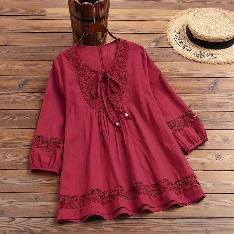 European and American Women's Clothing Spring and Summer New Style Three-Quarter Sleeve Burgundy Shirt Loose Breathable Cotton Top Comfortable Casual Overseas Warehouse European and American Women's Clothing Spring and Summer New Style Three-Quarter Sleeve Burgundy Shirt Loose Breathable Cotton Top Comfortable Casual Overseas Warehouse