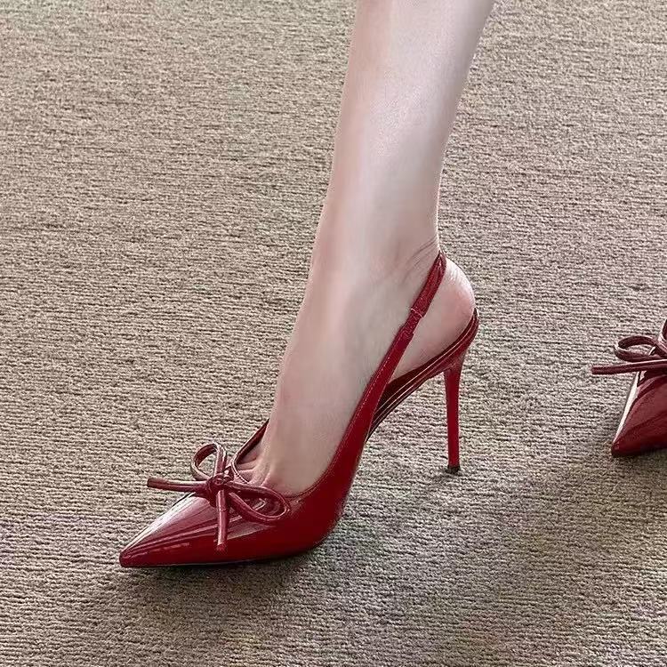 2025 High Heel Sandals Spring and Summer New Burgundy Patent Leather High Heels Women's Bow Pointed Toe Shallow Mouth Stiletto Sandals