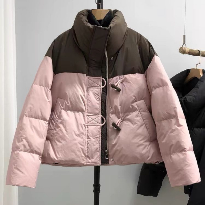 [Cow Horn Buckle] College style short down cotton jacket winter loose splicing contrasting color small thickened cotton jacket