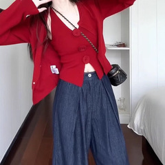早秋红色针织开衫外搭毛衣外套女秋季设计感小众感套装