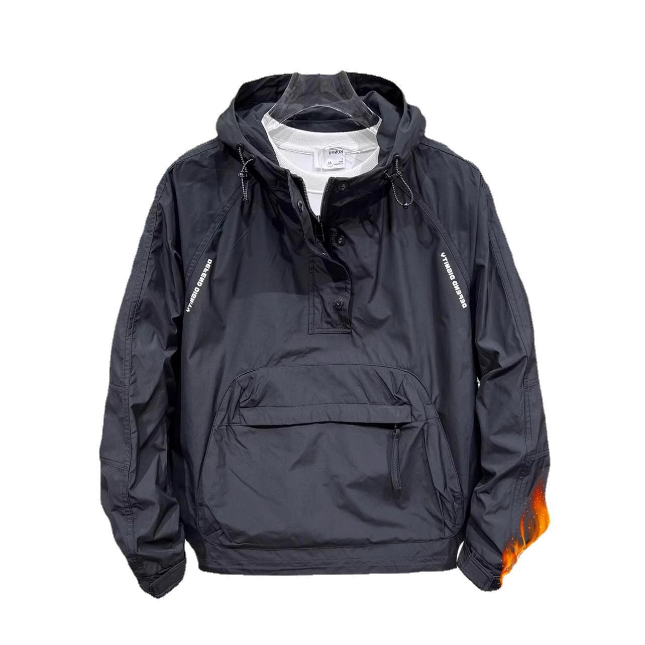 ActiveGo Autumn Winter New Men's Workwear Fleece-Lined Hooded Jacket With Zipper Pockets Pullover Windbreaker Casual Loose Coat_voghion.com