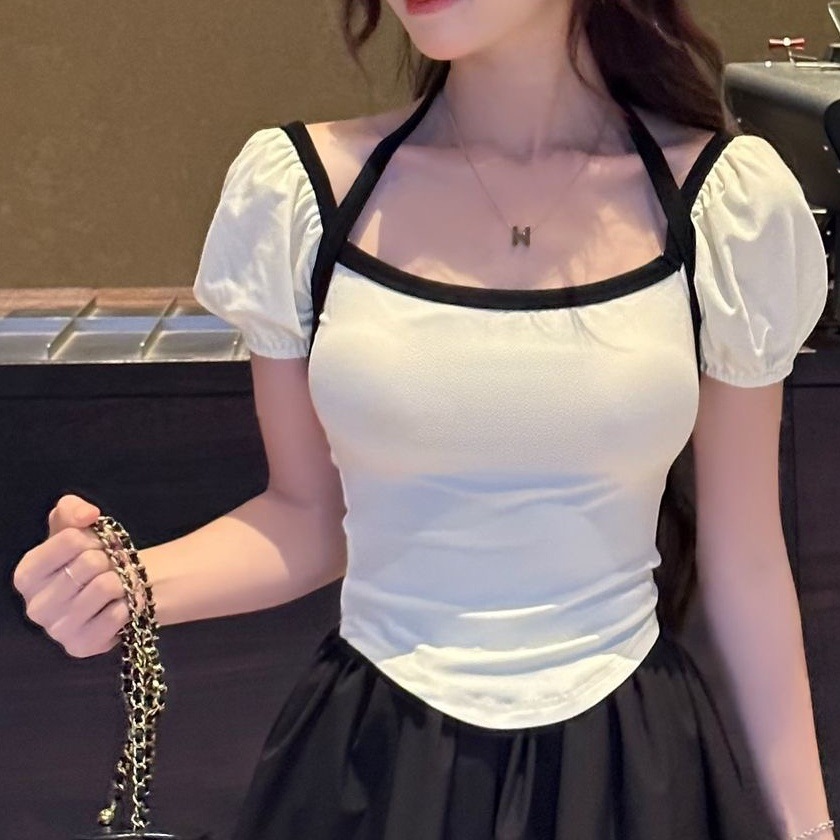 Blusa de verano con cuello colgante, clavícula baja, única y picante, cuadrada francesa, dulce temperamento, con retazos de burbujas y mangas cortas_voghion.com