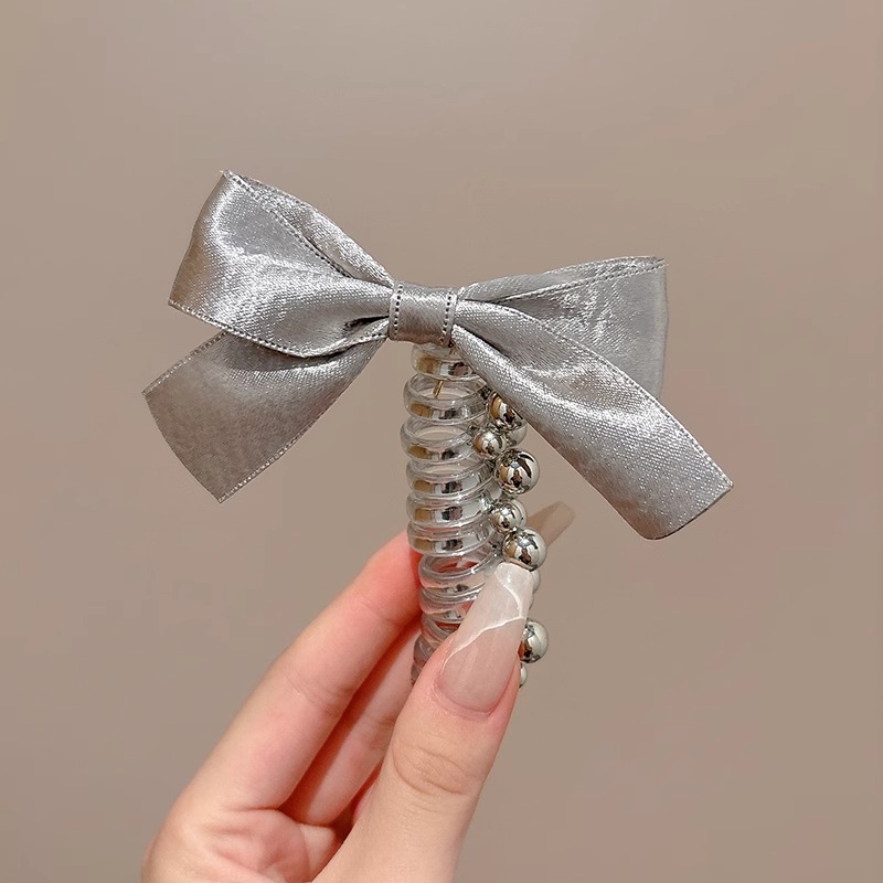 2025 nueva plata brillante cinza plateada cinta de tejido arco perlas línea telefónica anillo de cabello de mujer burbuja trenza cabello de cabello