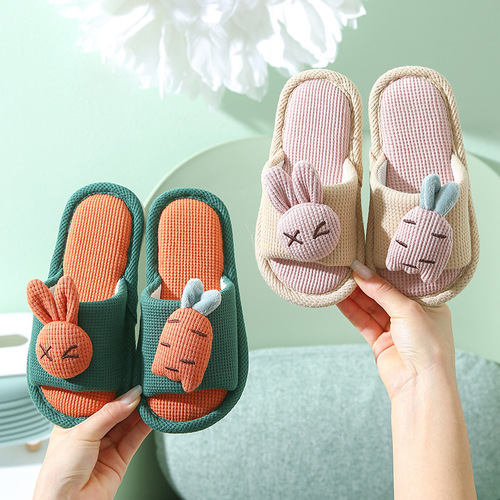 Parent-child opening cartoon carrot rabbit linen slippers personalized home indoor non-slip floor couple shoes for men and women