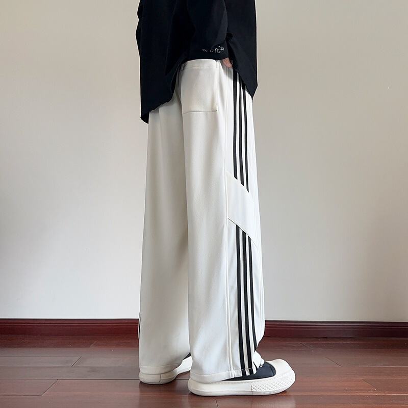 Cross-border 2026 new style American trendy three-stripe wide-leg curved-leg sweatpants for young men, suitable for spring and autumn