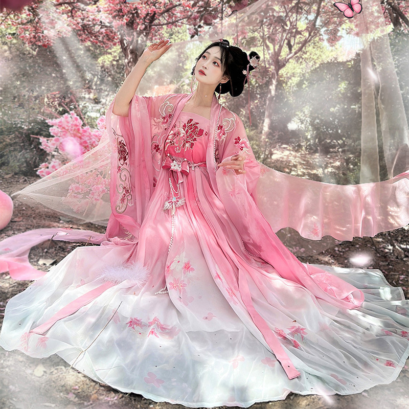 Original Hezi Skirt Hanfu for Women 2026 New Summer Style with Heavy Embroidery, Large Sleeves, Improved Fairy-Like Tang-Style Ancient Costume in Pink
