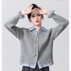假两件POLO领毛衣女春秋2025新款学院风拼接针织开衫外套短款上衣