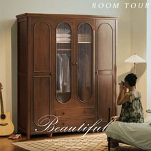 乡村美式实木衣柜卧室家用现代简约四门大衣橱复古法式衣柜玻璃门