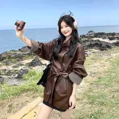 时髦格纹拼接袖口咖色皮衣外套女2025秋季复古高级感甜酷pu皮夹克