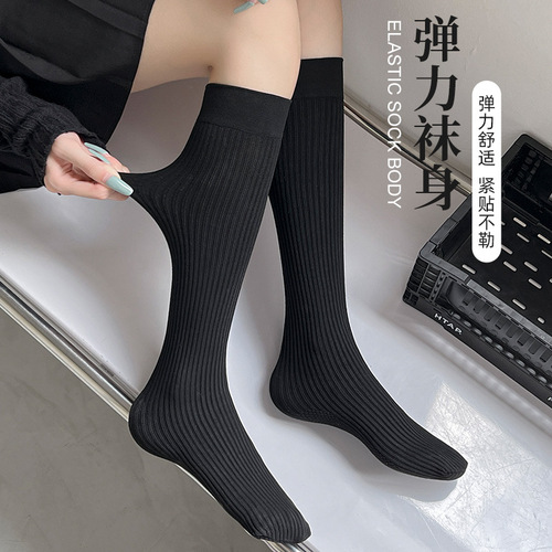 Solid color JK calf socks, ruffled mouth, non-slip, autumn and winter pit striped over-the-knee socks, Japanese style simple pressure pile mid-length socks
