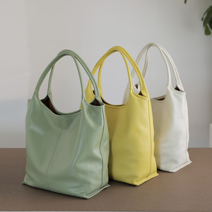 First-Layer Cowhide Japanese and Korean Style Lightweight Portable Shoulder Genuine Leather Garbage Bag Shopping Bag Tote Bag