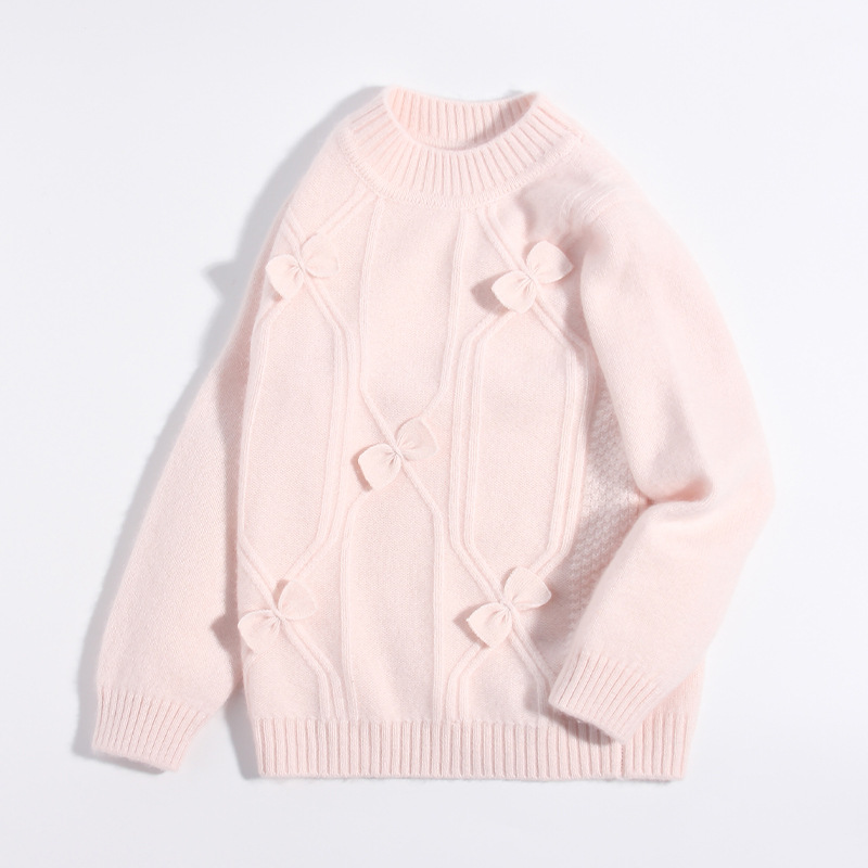 Little Sheep Jumping - Children's Cashmere Sweater, New Winter Style, Round Neck, Girls' Sweater, Pink with Bow
