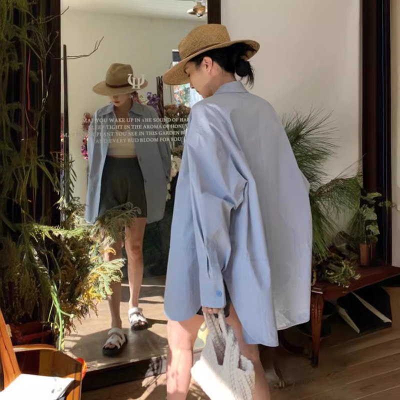 Korean-style hiphop blue long-sleeved shirt women's spring and autumn relaxed-fit oversize laid-back style versatile casual shirt trendy