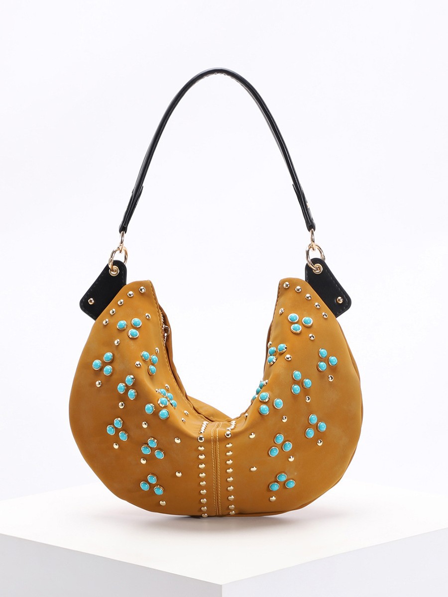 Niche Design Women's Bag, Retro Style Crescent Bag, Trendy and Unique Studded Underarm Bag, Sweet and Cool Hot Girl Handbag