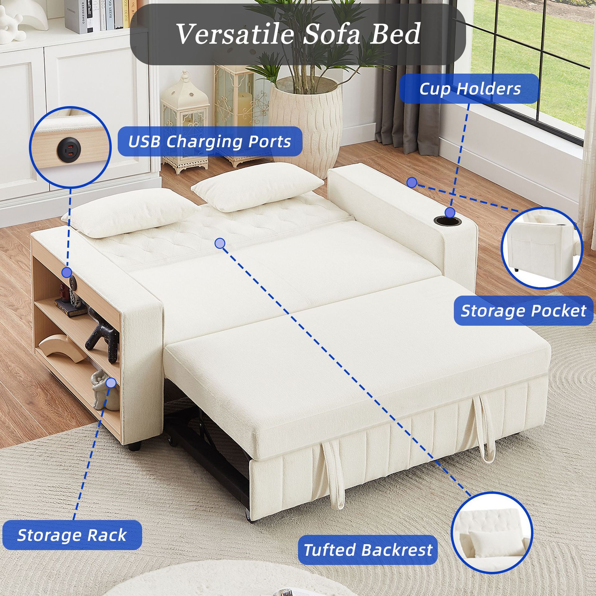 Sofá cama multifuncional crema de dos usos tela de lana doméstica moderna nueva oficina de limpieza sala de estar pequeña casa image 2