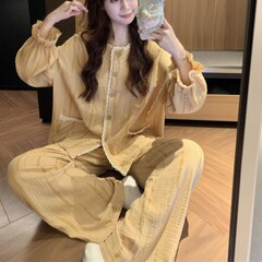 韩国ins女士秋冬新款纱布渐变暗条纹拼接蕾丝花边家居服睡衣套装