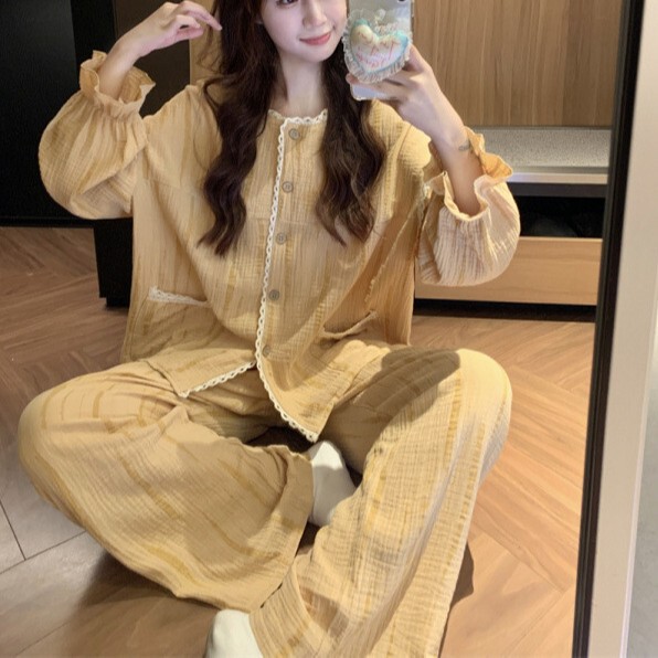 韩国ins女士秋冬新款纱布渐变暗条纹拼接蕾丝花边家居服睡衣套装|undefined