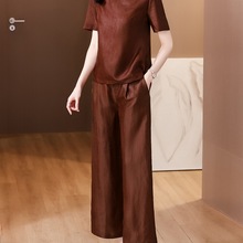 2025香云纱真丝套装夏季新款高端品牌桑蚕丝阔腿裤两件套妈妈装