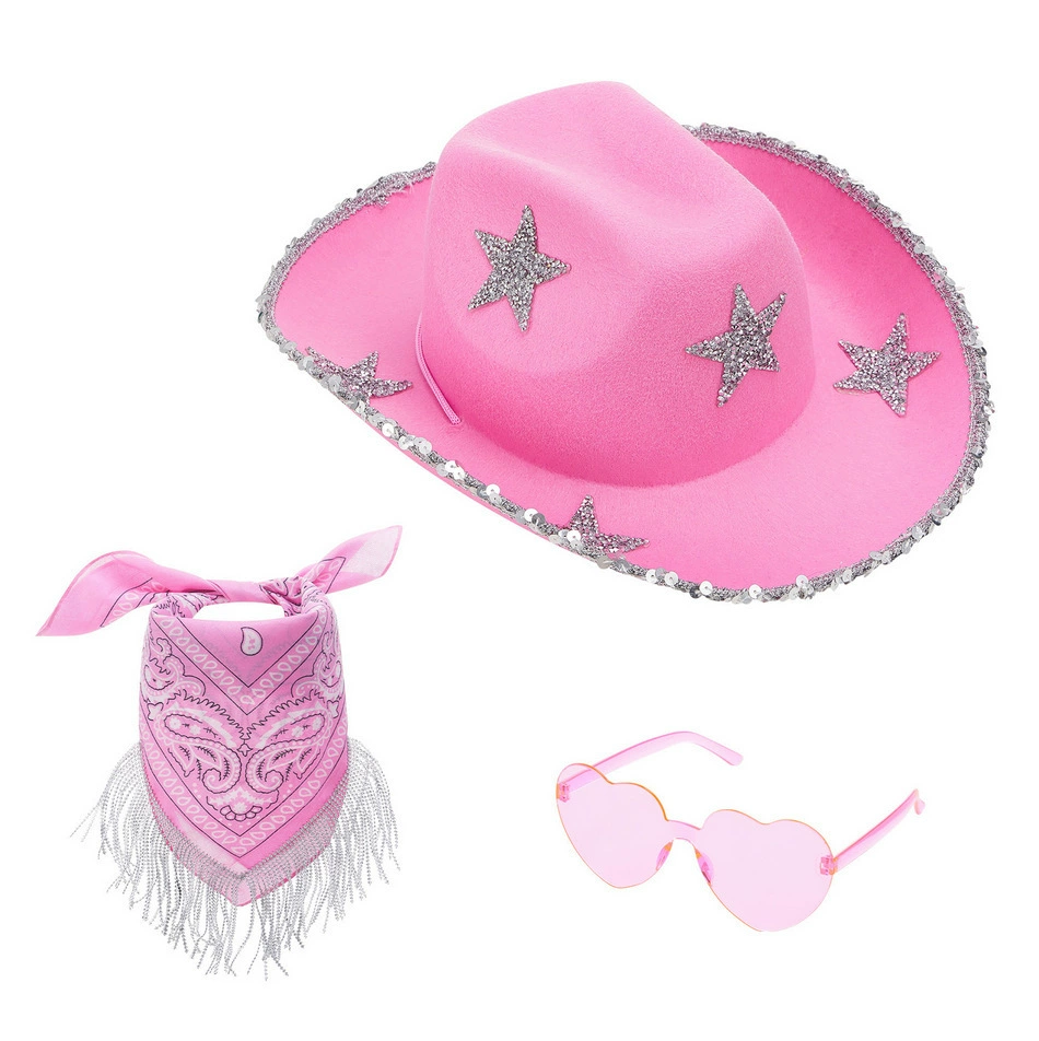 Рождественская розовая пятиконечная звезда со стразами, бриллиантовая ковбойская шляпа, очки, квадратный шарф, комплект, розовая пятиконечная звезда, бриллиантовая полоса, ковбойская шляпа