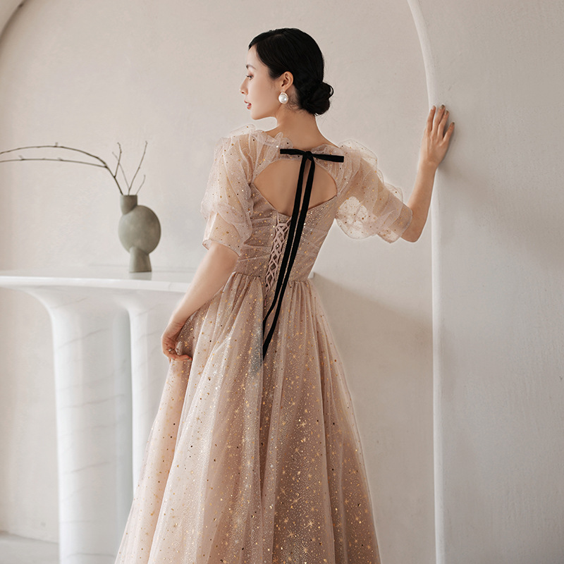 Vestido de noche con mangas abullonadas, novedad de verano 2026, para banquete, estilo hada, cielo estrellado, adelgazante, para cumpleaños, anfitriona, vestido de gala