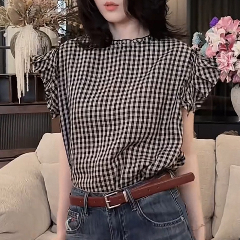 小众不撞款上衣轻奢高级感减龄洋气上衣黑白格子小飞袖衬衫女夏季|undefined