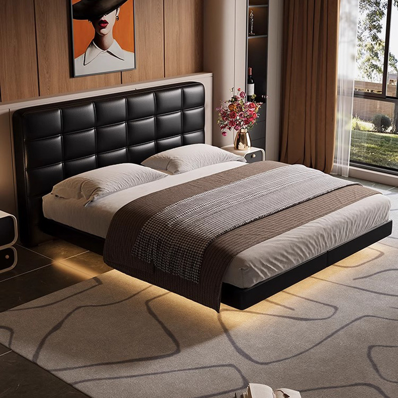 Cama flotante de Lawrence, cama de cuero de vaca italiana, cama de cama principal de alta gama, cama doble negra, cama de matrimonio
