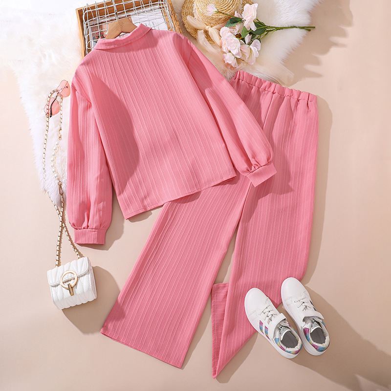 Conjuntos a juego para padres e hijos, para niños y niñas, primavera 2026, nuevo conjunto coreano de madre e hija con camisa de manga larga con cuello y pantalones largos, conjunto de dos piezas.