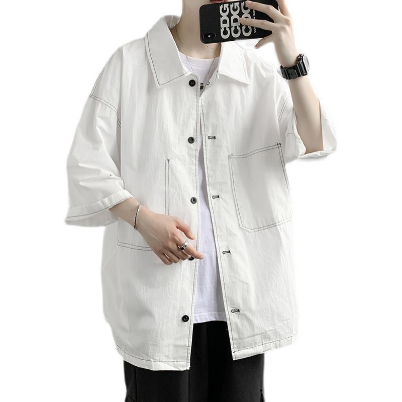 Ropa de trabajo simple camisa de manga corta verano de los hombres de moda ins estilo Hong Kong estilo japonés camisa suelta 3/4 camisa de manga delgada capa