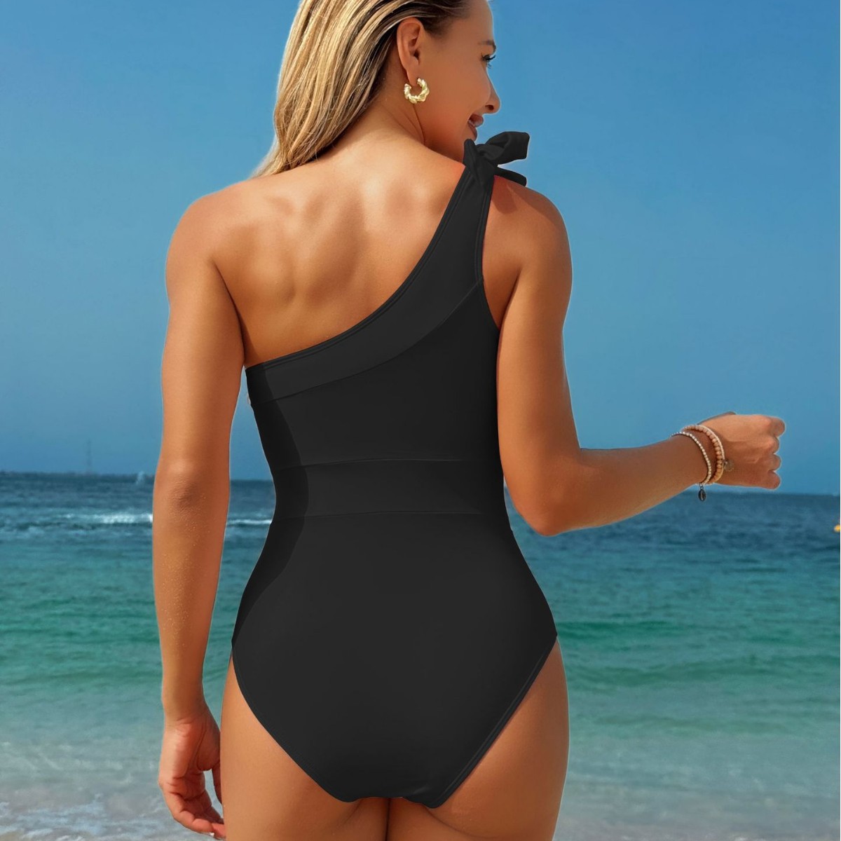 Comercio exterior europeo y americano nuevo sexy traje de baño de color sólido de una pieza traje de baño de hombro para mujer bikini transfronterizo de Amazon