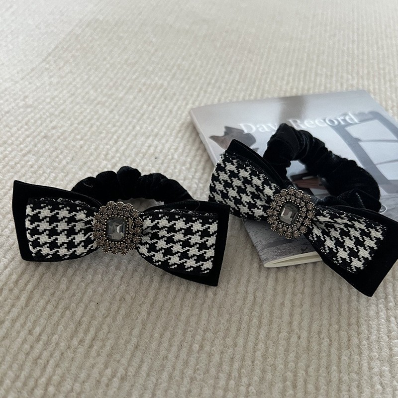 Classico anello per capelli con diamante grigio pied de poule bianco e nero, fiocco delicato, semplice elastico per capelli in tessuto, anello giapponese e coreano per l'intestino crasso_voghion.com