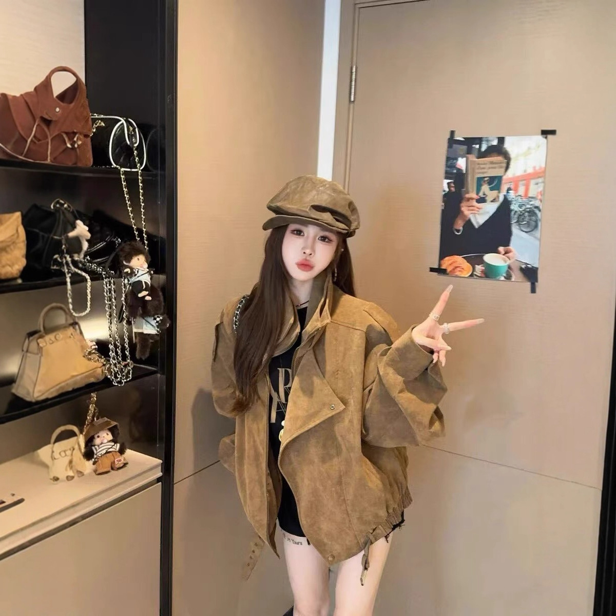 Retro Coffee Color Early Autumn and Winter--Leather Motorcycle Jacket Women's Loose 2025 Autumn and Winter New Workwear Leather Jacket Top