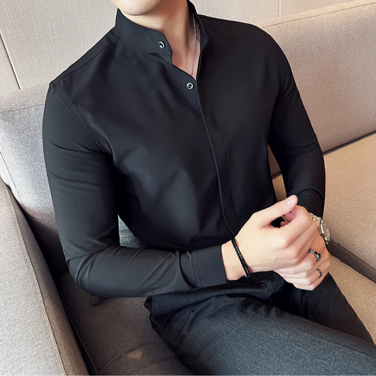 立领长袖衬衫男暗扣百搭纯色商务修身工作服春秋新款免烫高级男装|undefined