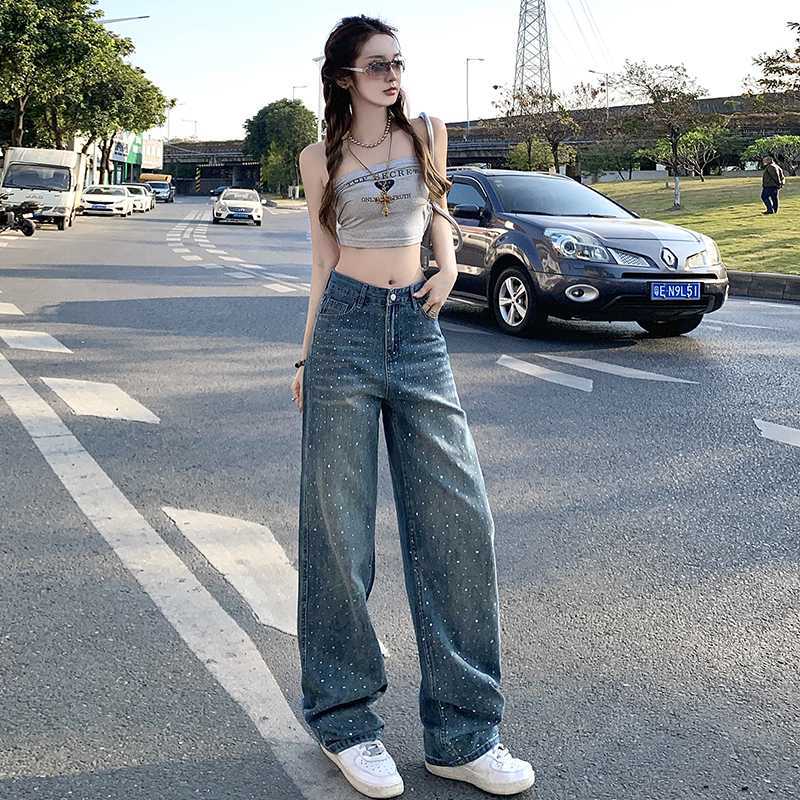 烫钻阔腿早秋超柔软牛仔直筒宽松舒适牛仔裤女显瘦垂顺直批发代发