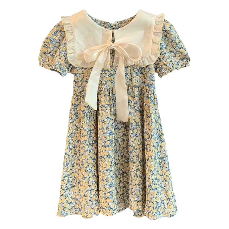 2024 летнее новое платье для девочек корейская версия с отворотом и цветочным принтом платье принцессы детское летнее платье с короткими рукавами