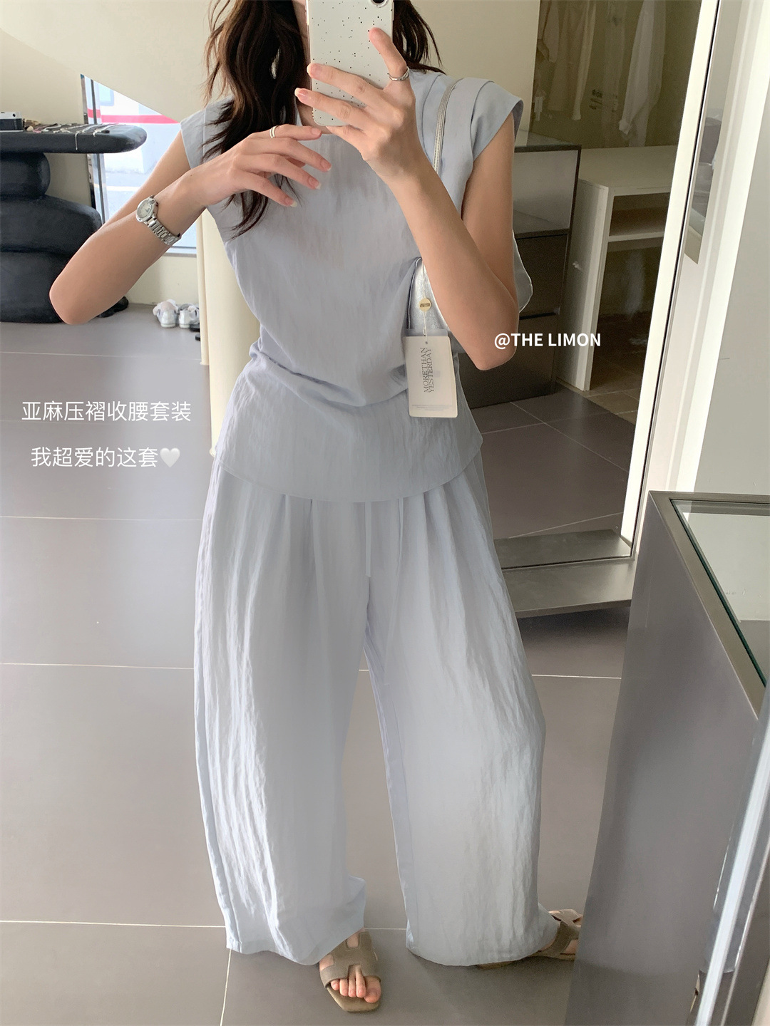 Bộ áo thun phối quần ống rộng cạp cao nữ thiết kế eo thu vải lanh mùa hè 2025 — đen, màu xanh, Mã Xinh chi tiết 19