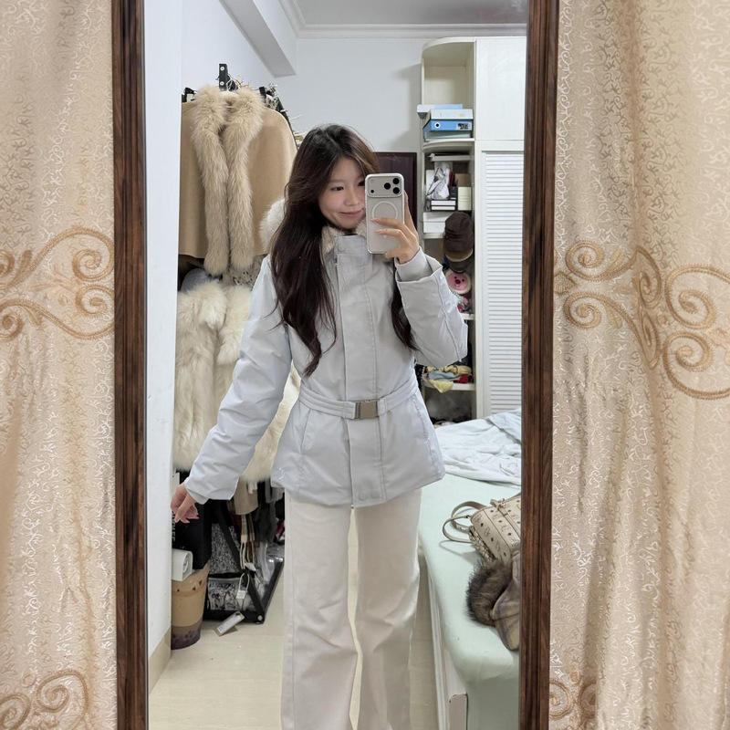 Korean-Style Gentle White Duck down Light Blue down Jacket with Belt, Waist-Cinching, Slimming, Thickened, Warm Ski Jacket