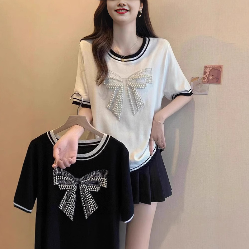 Clearance Sale Large Size Women's Clothing 2025 Summer Versatile Ice Silk Short-Sleeve Women's Rhinestone Bow Knit Top